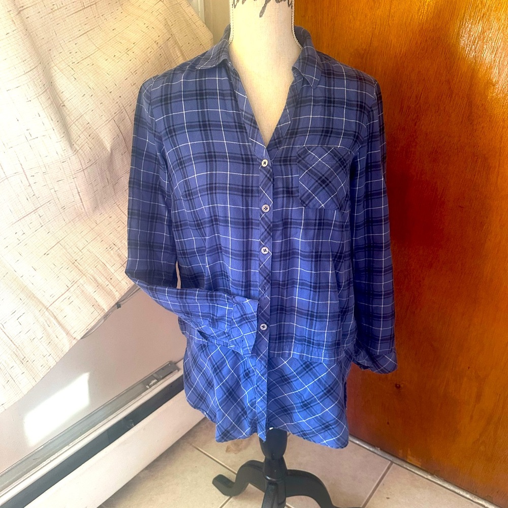 J.Jill Flannel Shirt Sz XS Blue Plaid Button Up Front Pocket Tunic Top Cotton